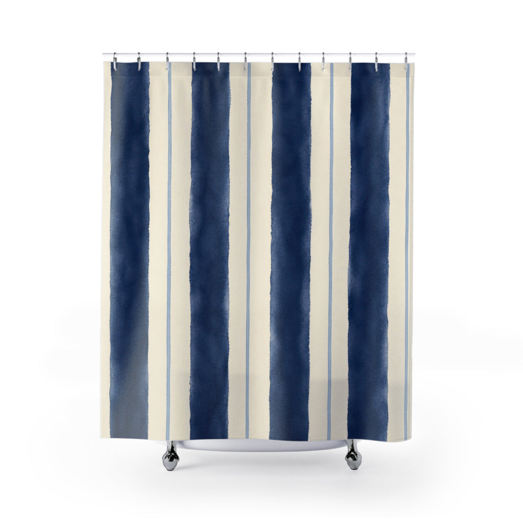 Navy Indigo Cream Brush Stripe Shower Curtain