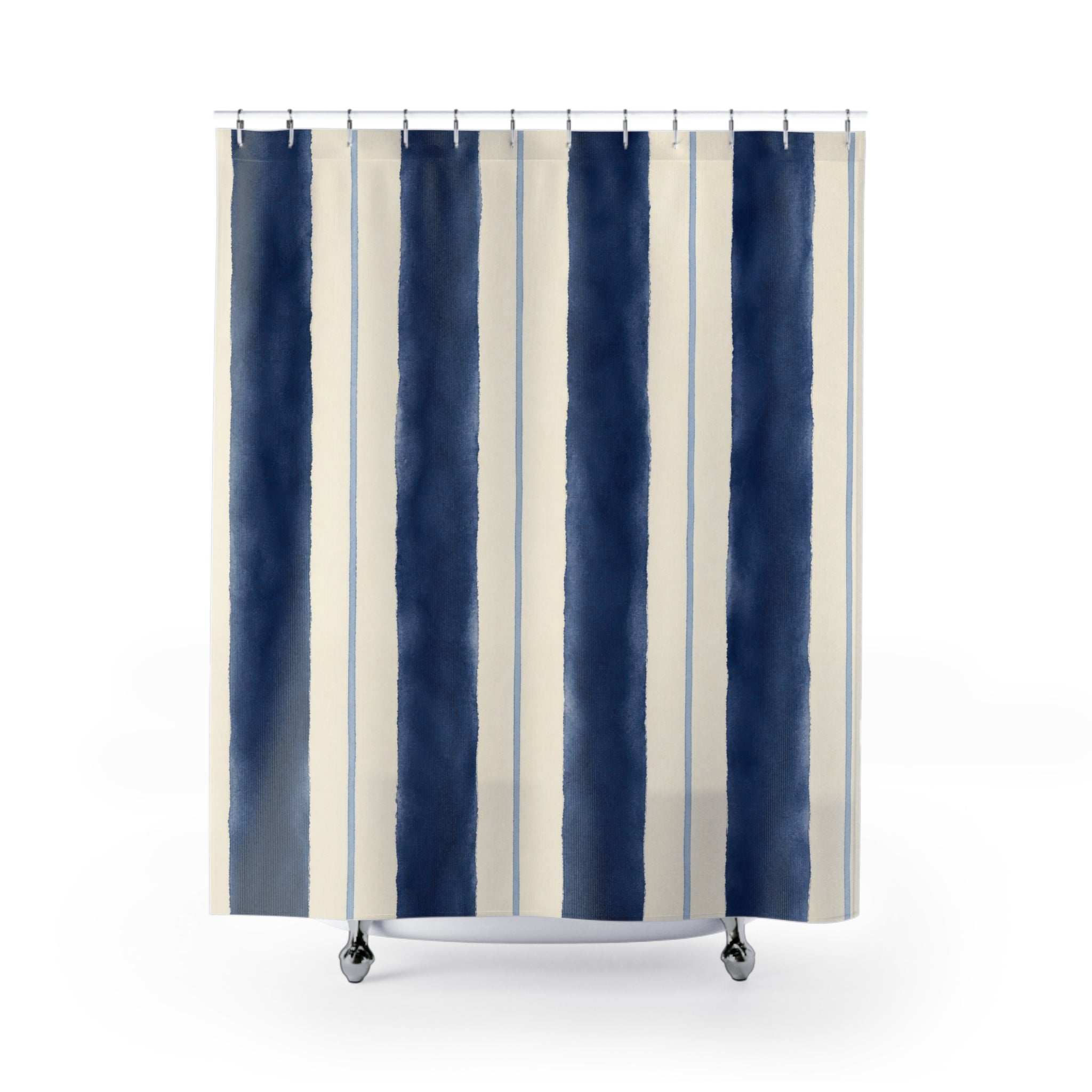 Navy Indigo Cream Brush Stripe Shower Curtain