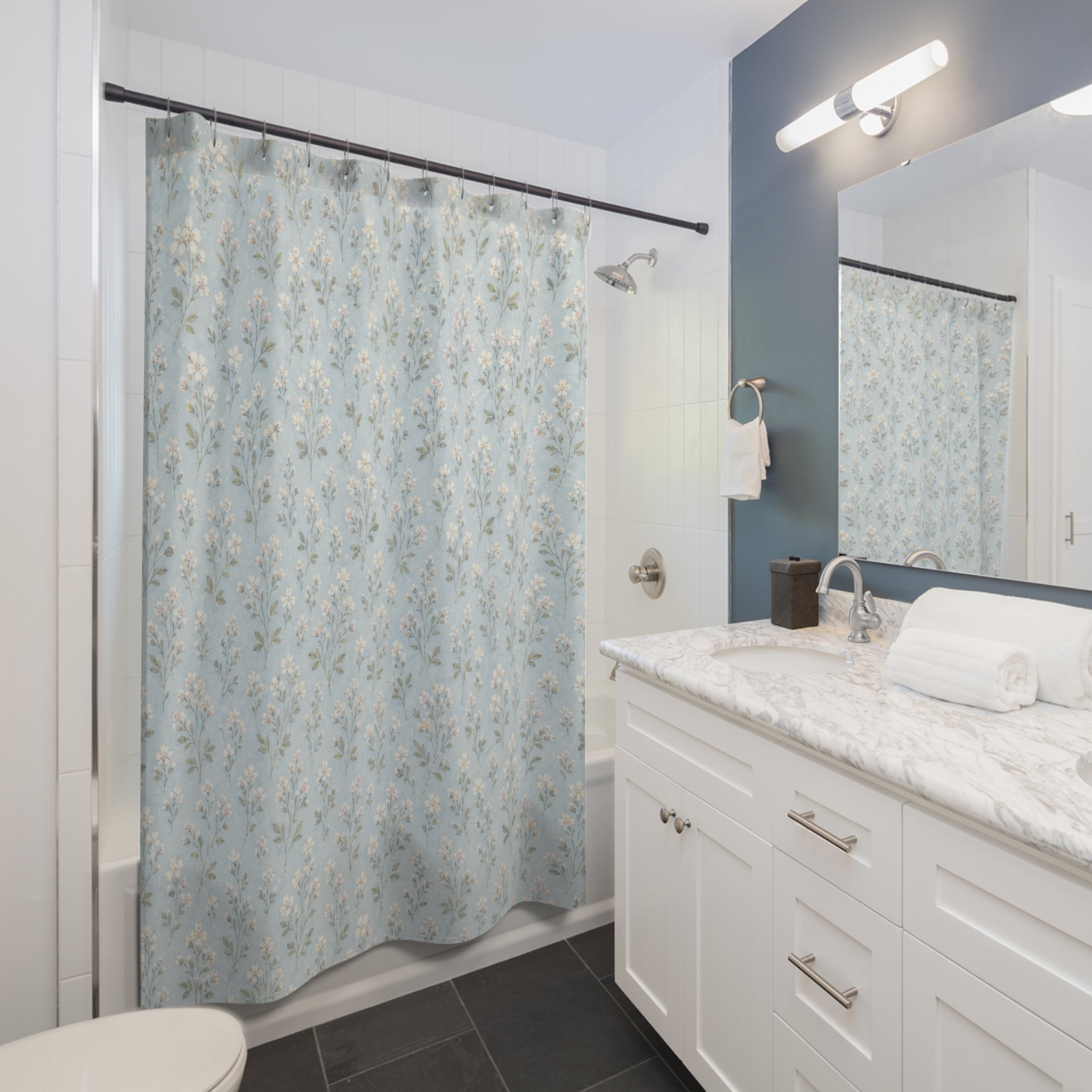 Pale Aqua Ditsy Floral Shower Curtain