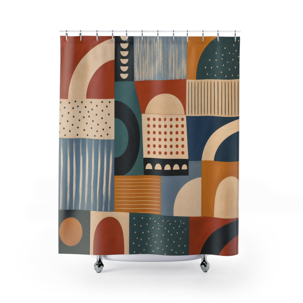 Modernist patchwork color blocks shower curtain with full front view