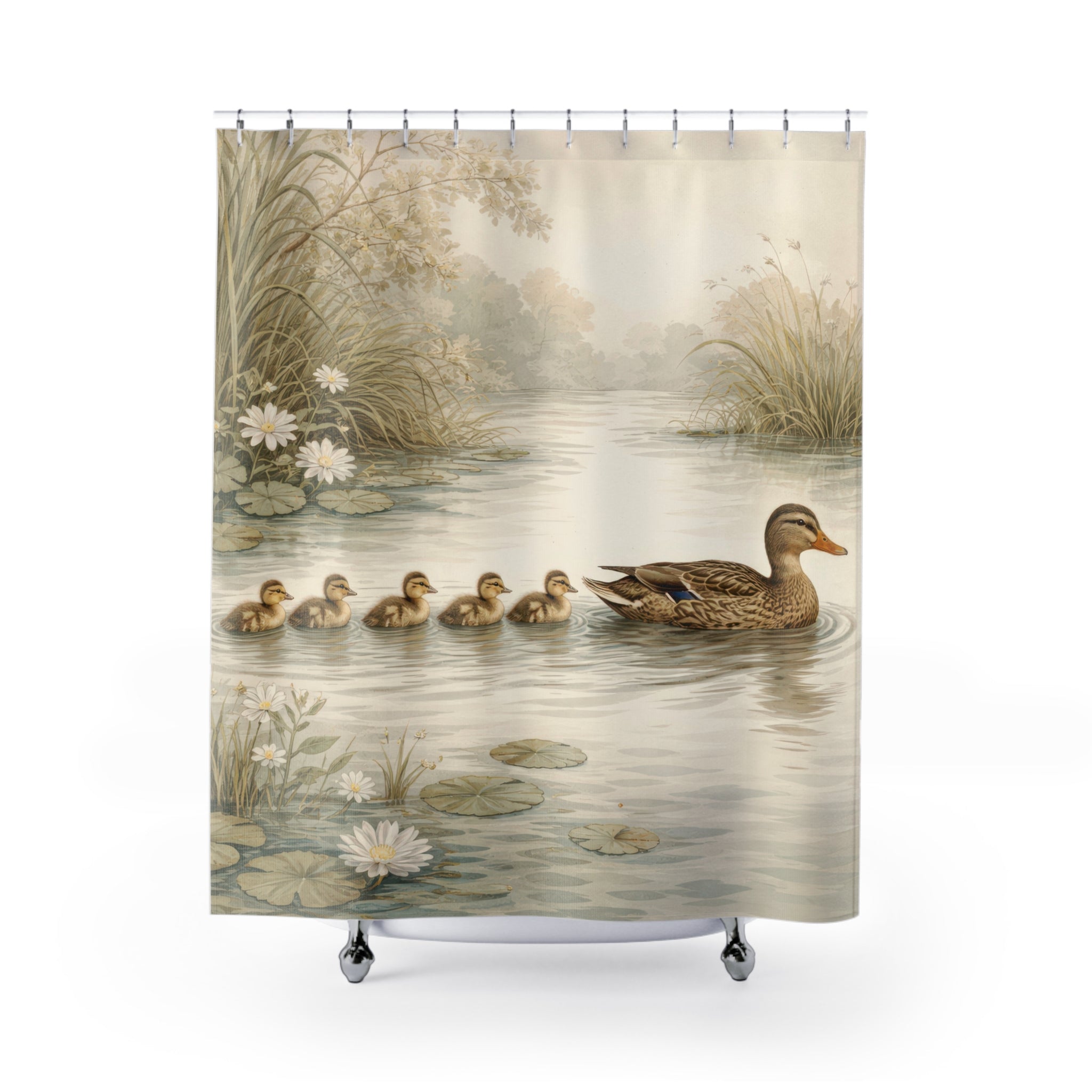 Duck Family Shower Curtain – Blue-Green Pond Scene