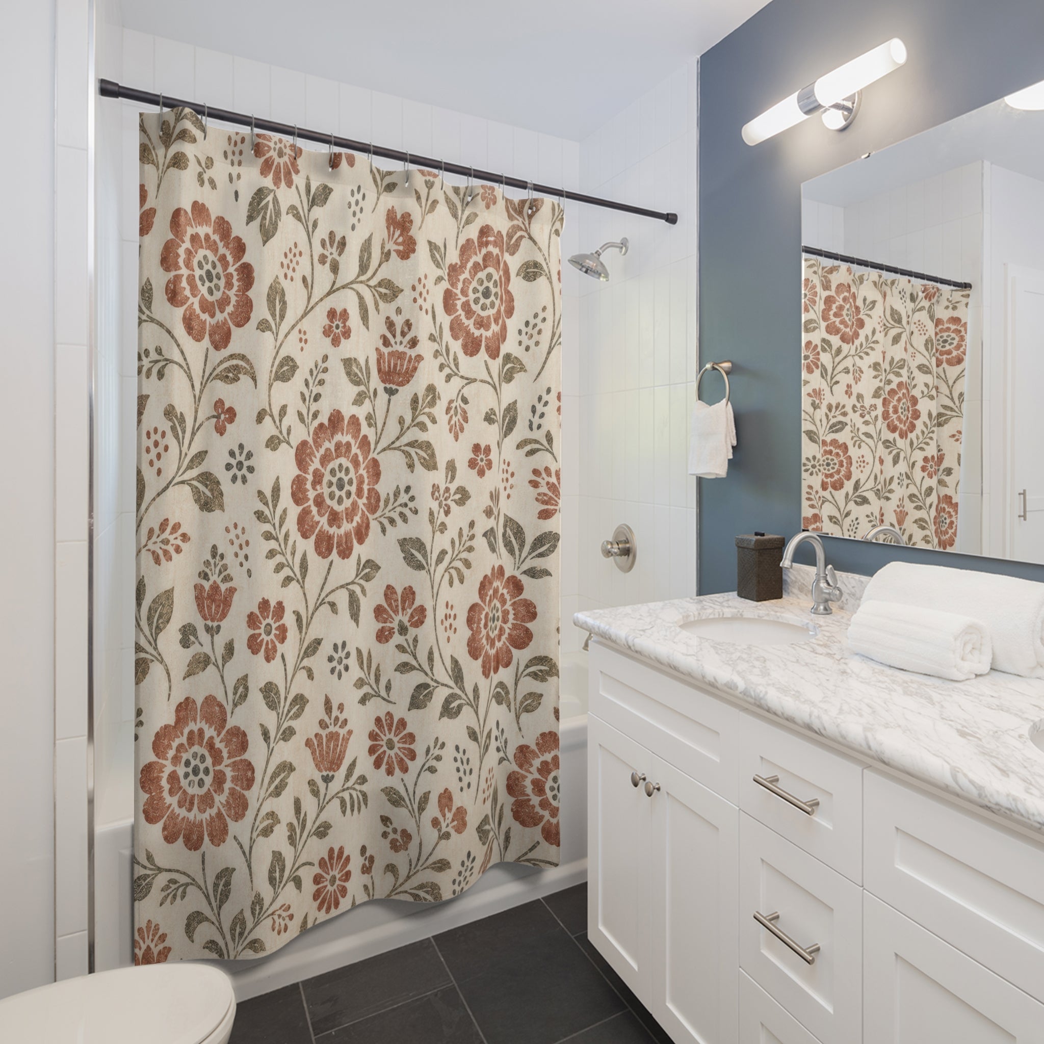 Rust Orange Folk Flower Shower Curtain