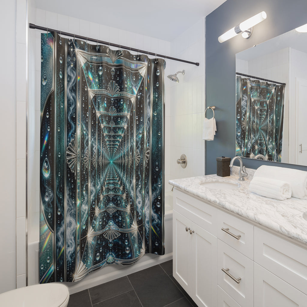Unique Blue Shower Curtain, Crystal Corridor Geometric Art, Sparkling Teal Bathroom Decor, Modern Wall Decor Guest Bath Gift For Home