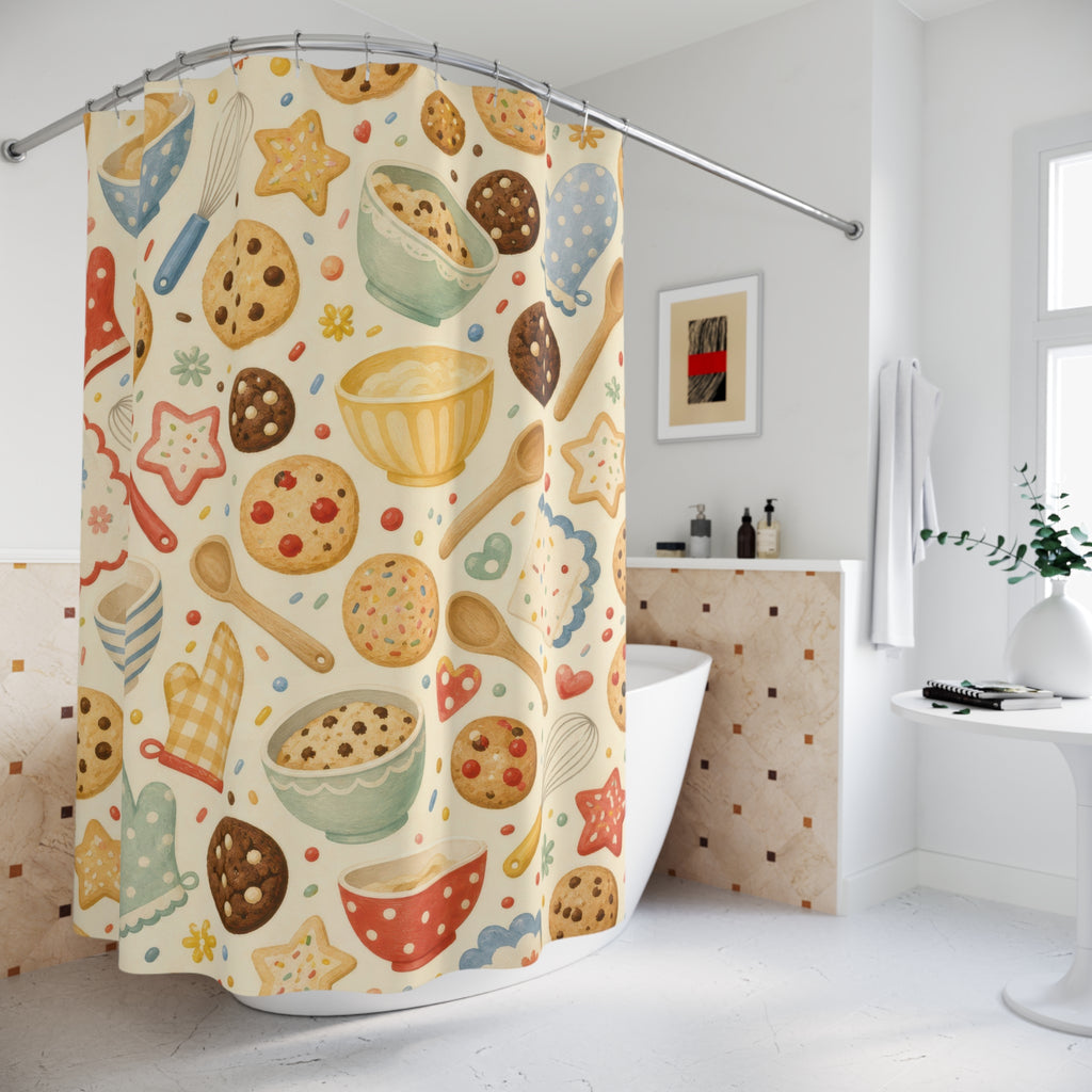 Kids Cookie Shower Curtain, Baking Bowl Whisk Pattern, Cute Kitchen Bathroom Decor, Sweet Baking Wall Decor Playroom Guest Bath Gift