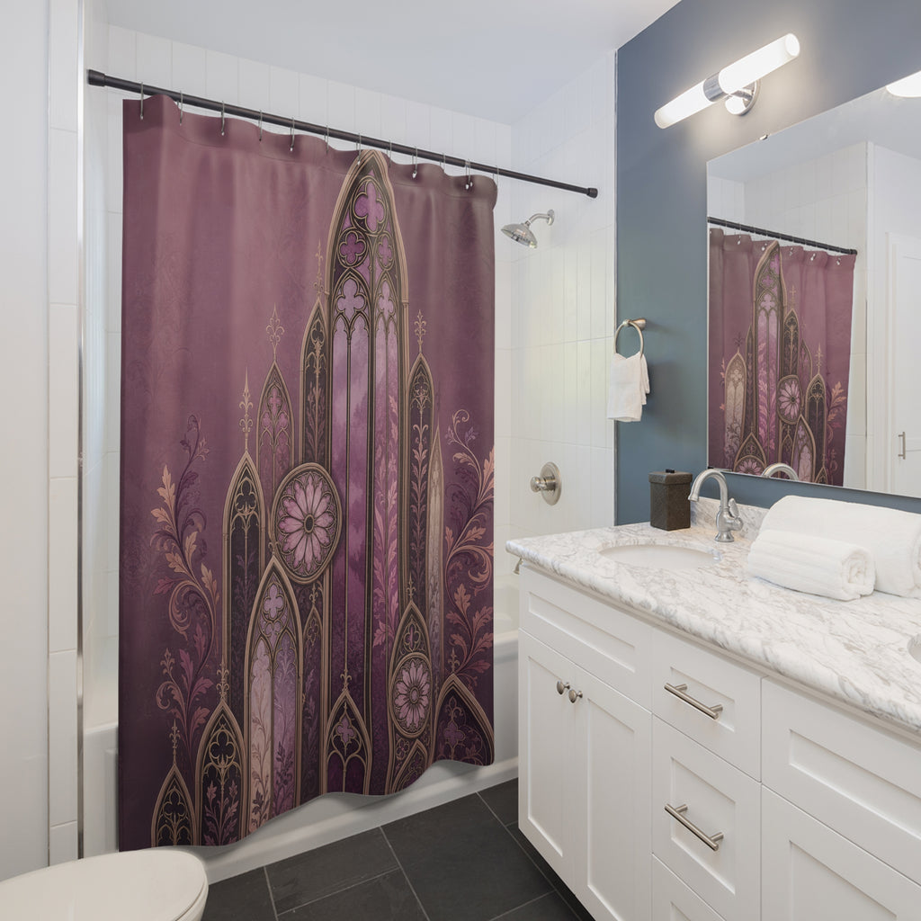 Mauve Gothic lancet arches with aubergine tracery shower curtain beside a white vanity