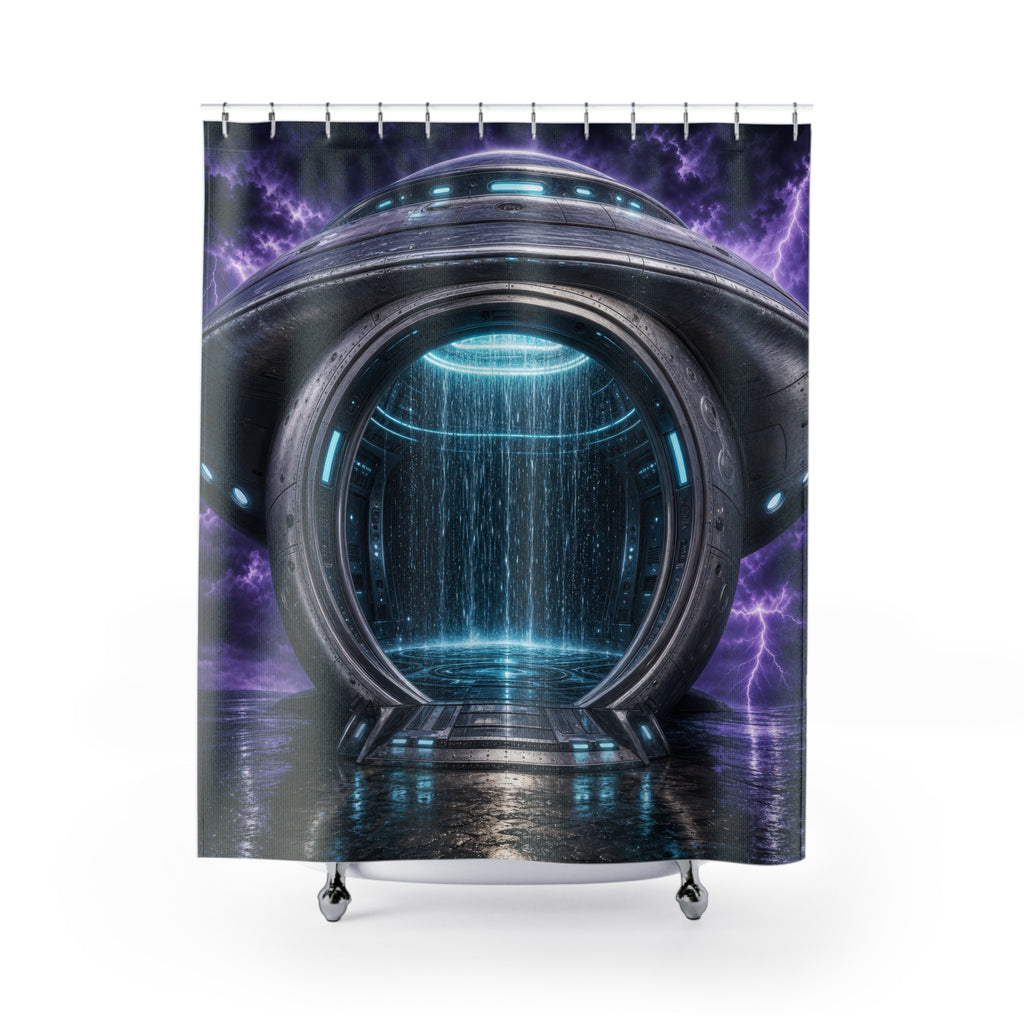 Unique Portal Shower Curtain, Futuristic Sci Fi Water Chamber Art, Purple Blue Lightning Decor, Weird Bathroom Accent, Gamer Guest Bath