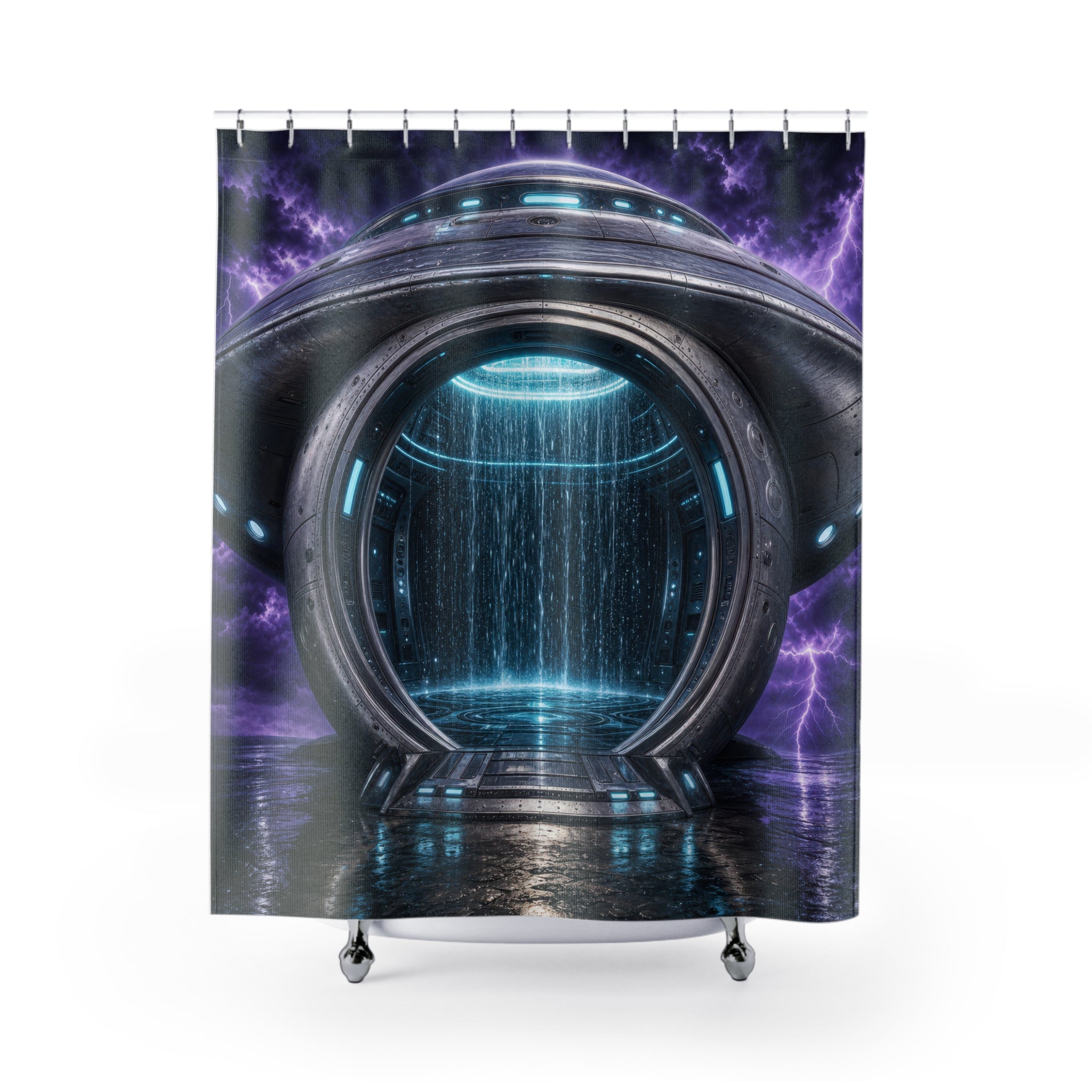 Unique Portal Shower Curtain, Futuristic Sci Fi Water Chamber Art, Purple Blue Lightning Decor, Weird Bathroom Accent, Gamer Guest Bath
