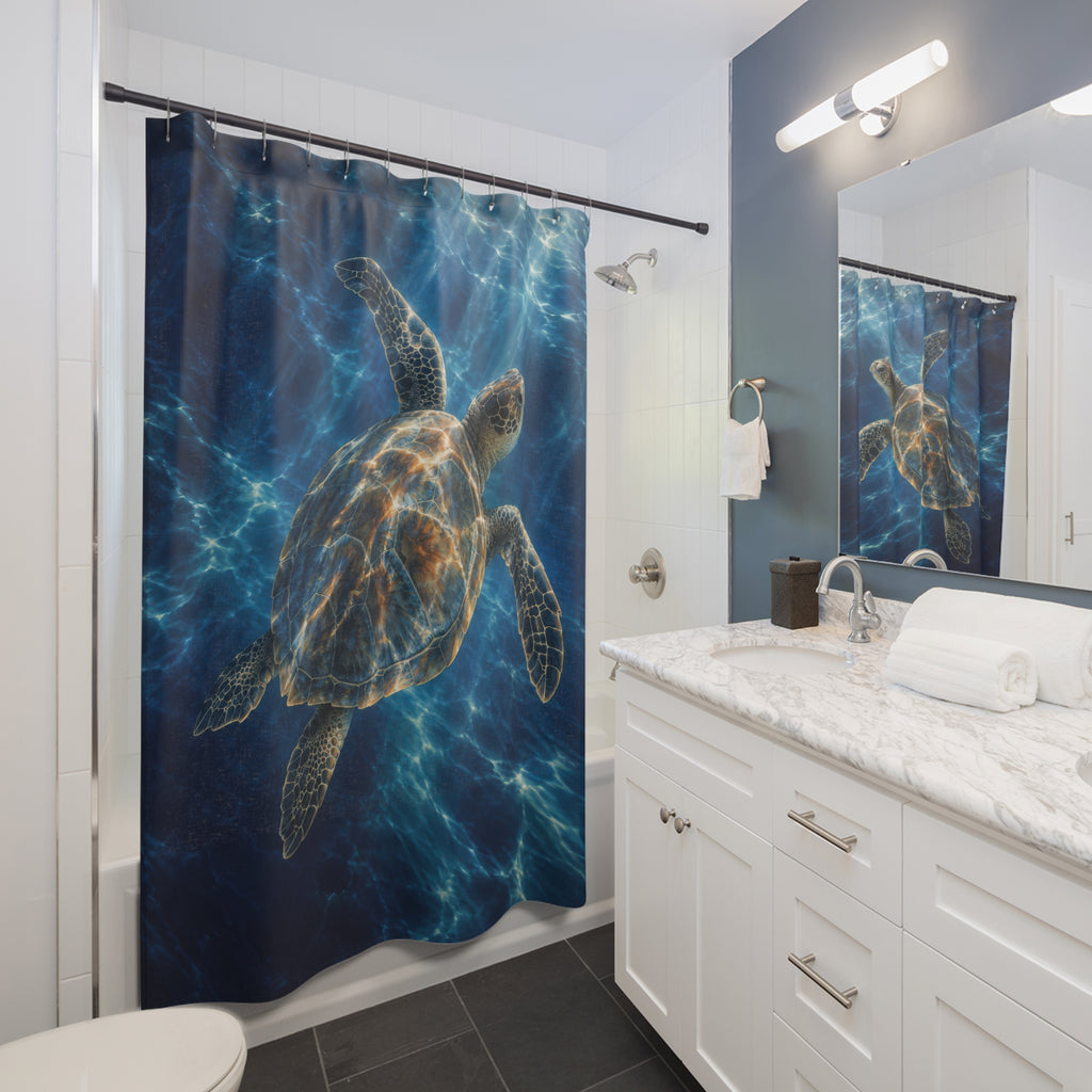 Sea turtle swimming in navy blue water shower curtain beside a white vanity