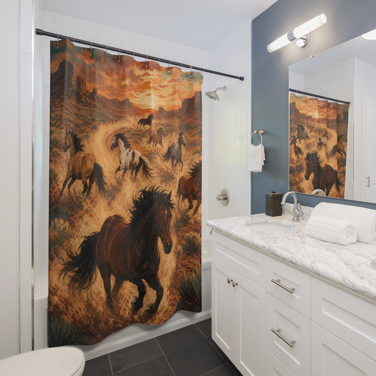 Wild mustang herd racing through glowing desert dust shower curtain beside a white vanity