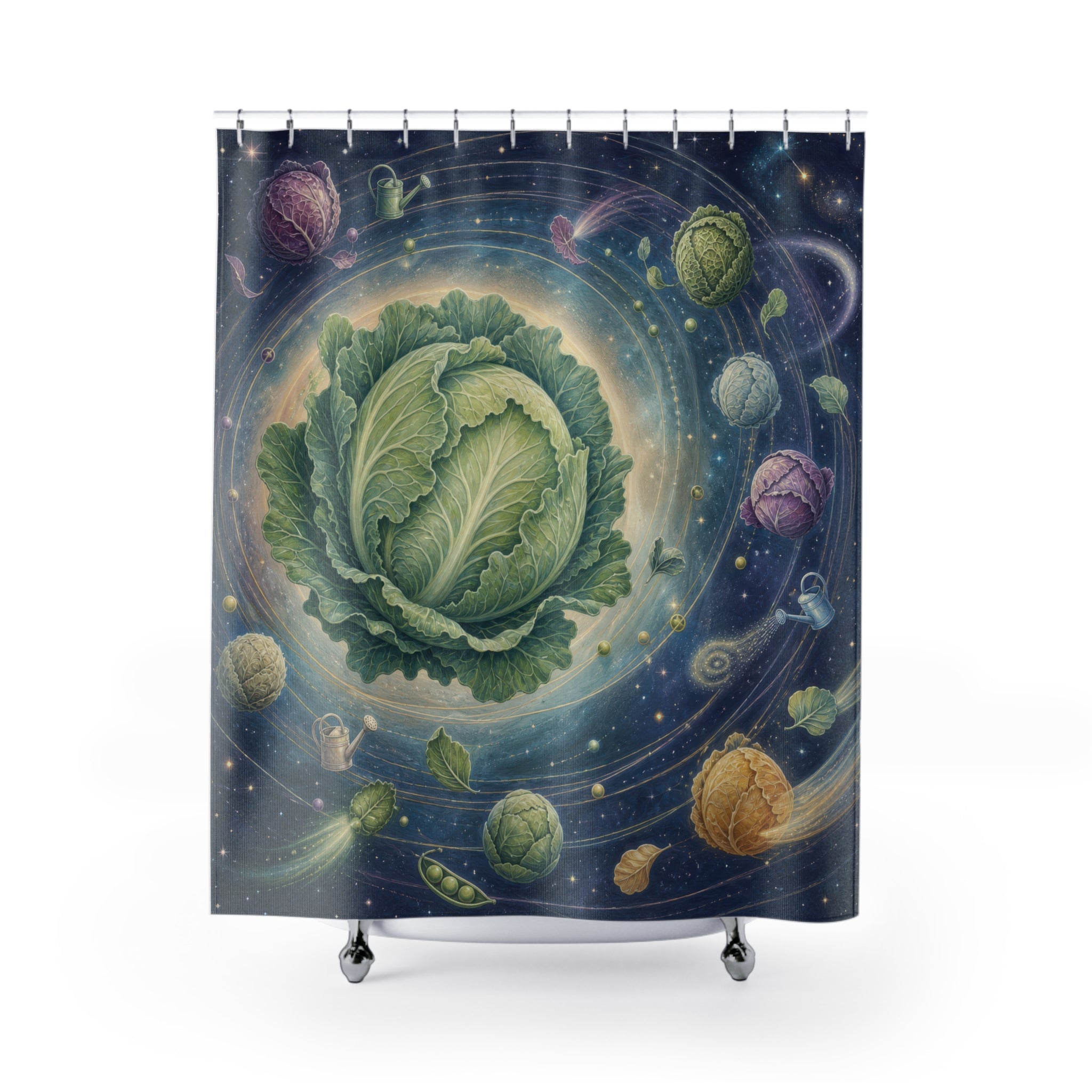Whimsical cabbage planetarium with orbiting vegetables shower curtain with full front view