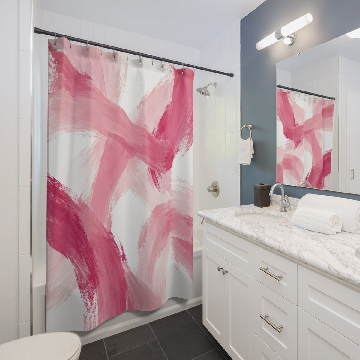Sweeping rose and blush brushstrokes across white shower curtain beside a white vanity