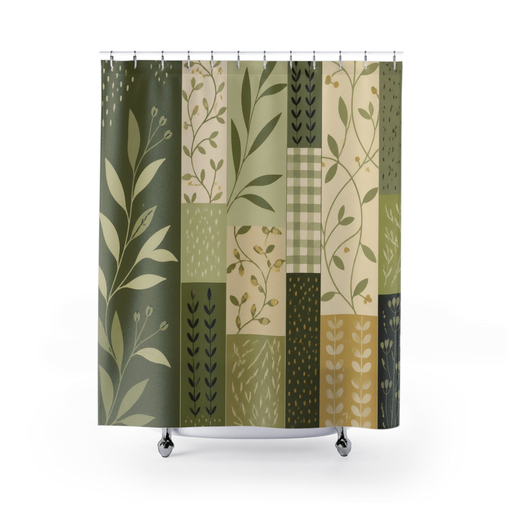 Olive botanical patchwork strips shower curtain with full front view