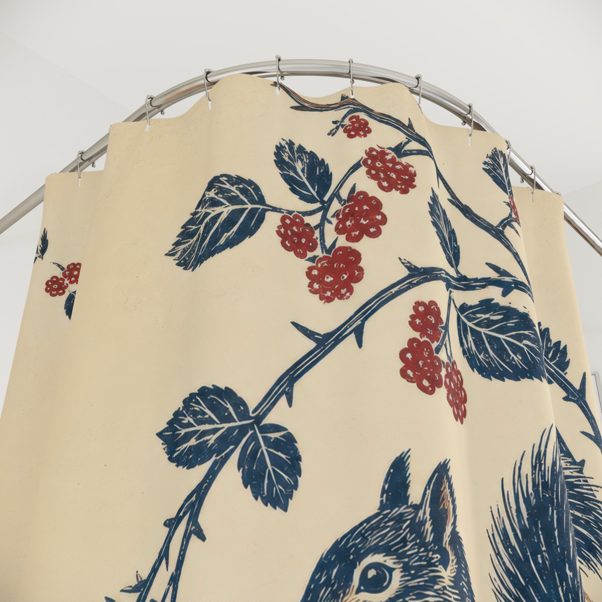 Indigo Squirrel Block Print Shower Curtain