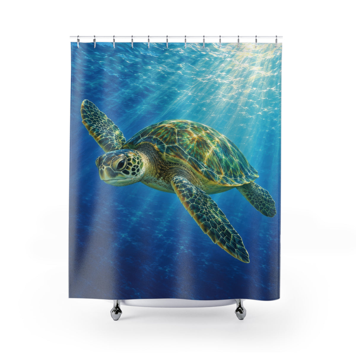Jade sea turtle and blue underwater sunbeams shower curtain with full front view