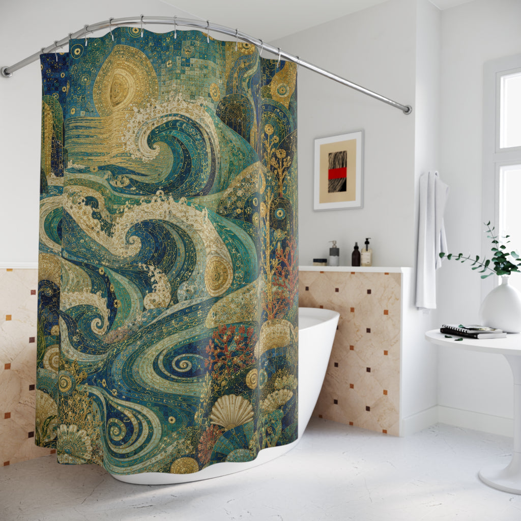 Klimt Inspired Ocean Shower Curtain: Blue Gold Nouveau