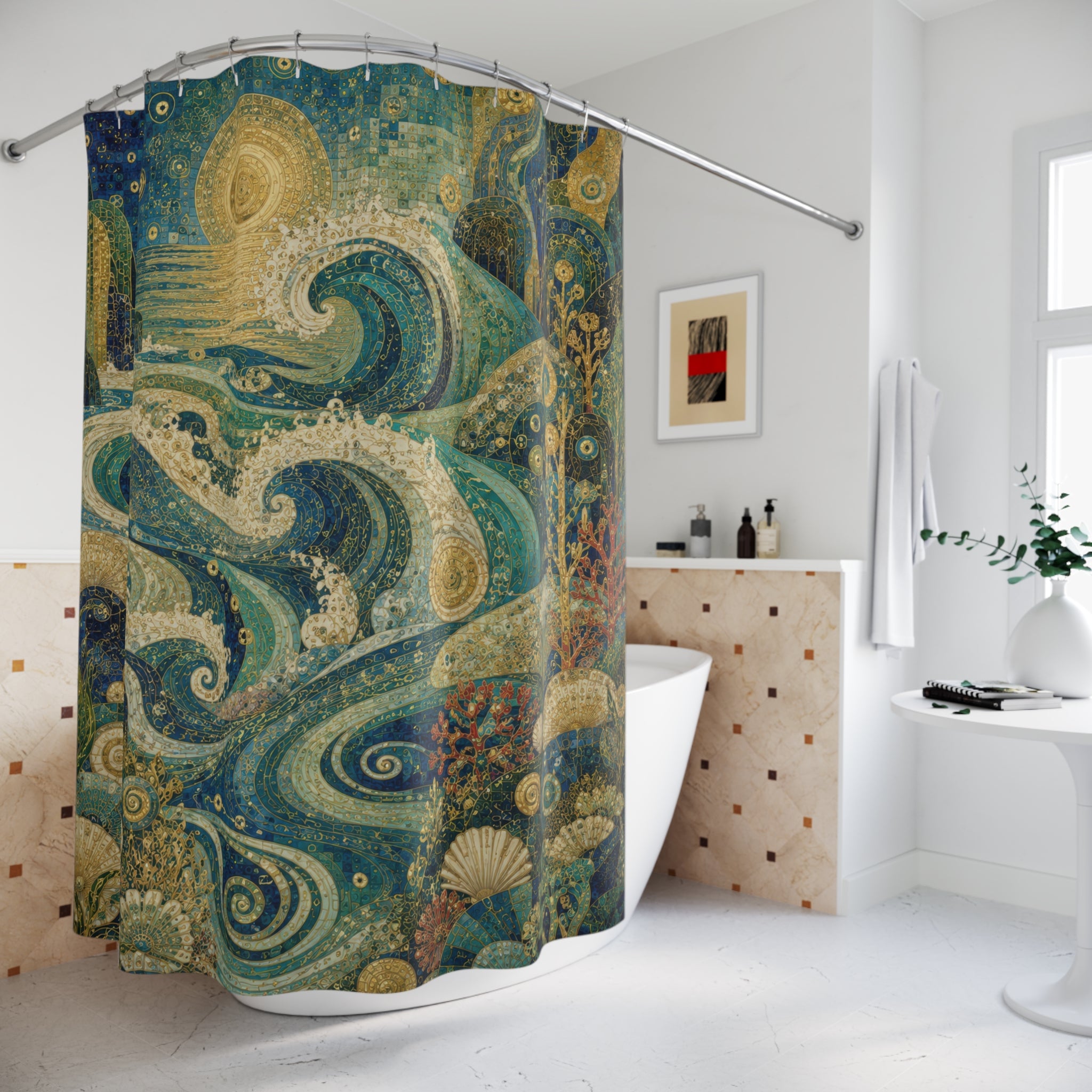 Klimt Inspired Ocean Shower Curtain: Blue Gold Nouveau