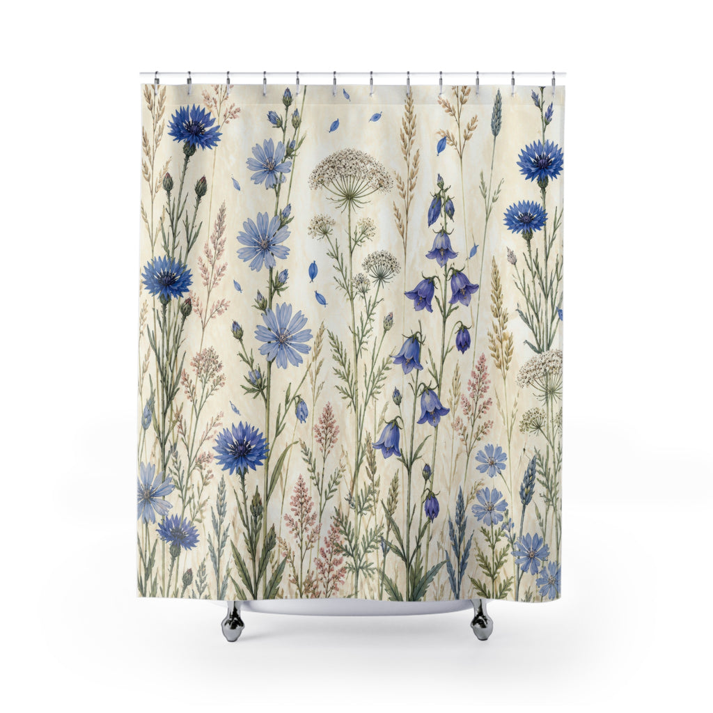 Blue wild flower field with cornflowers bellflowers and grasses shower curtain with full front view