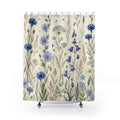 Blue wild flower field with cornflowers bellflowers and grasses shower curtain with full front view