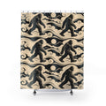 Black Bigfoot figures in cream cloud bands with mountains shower curtain with full front view