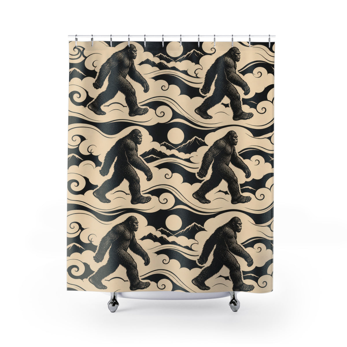 Black Bigfoot figures in cream cloud bands with mountains shower curtain with full front view