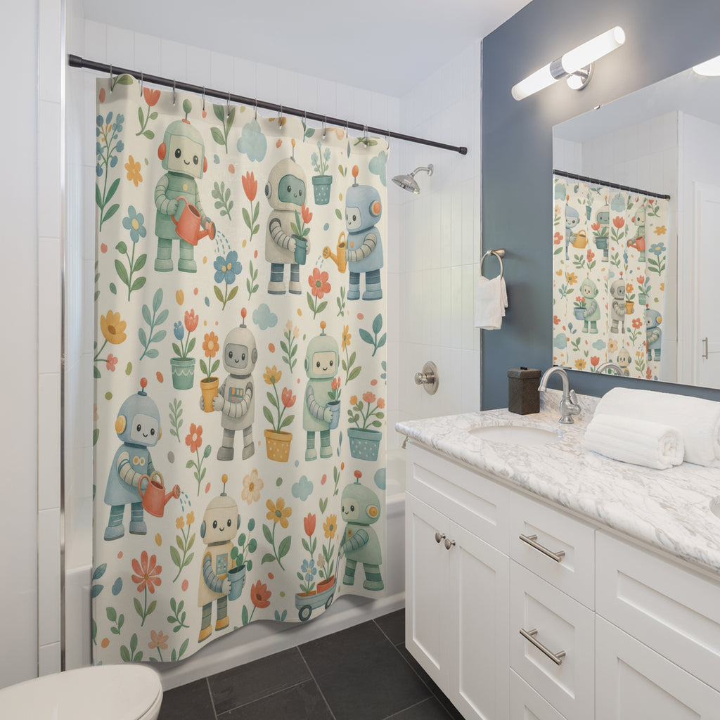 Kids Robot Shower Curtain, Cute Robot Plant Pattern, Kids Science STEM Garden Bathroom Decor, Playroom Wall Decor Guest Bath Wall Gift