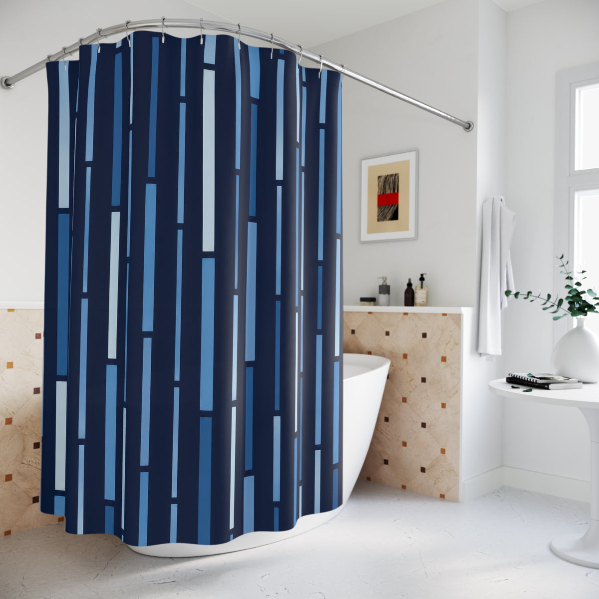 Blue vertical dash stripes on a midnight navy ground shower curtain beside a freestanding tub