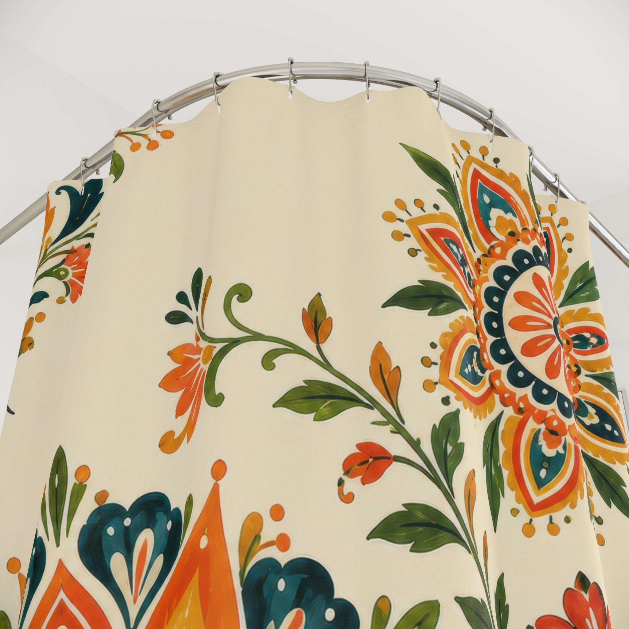Twin floral sunbursts on warm cream shower curtain with close-up print, hooks, and folds
