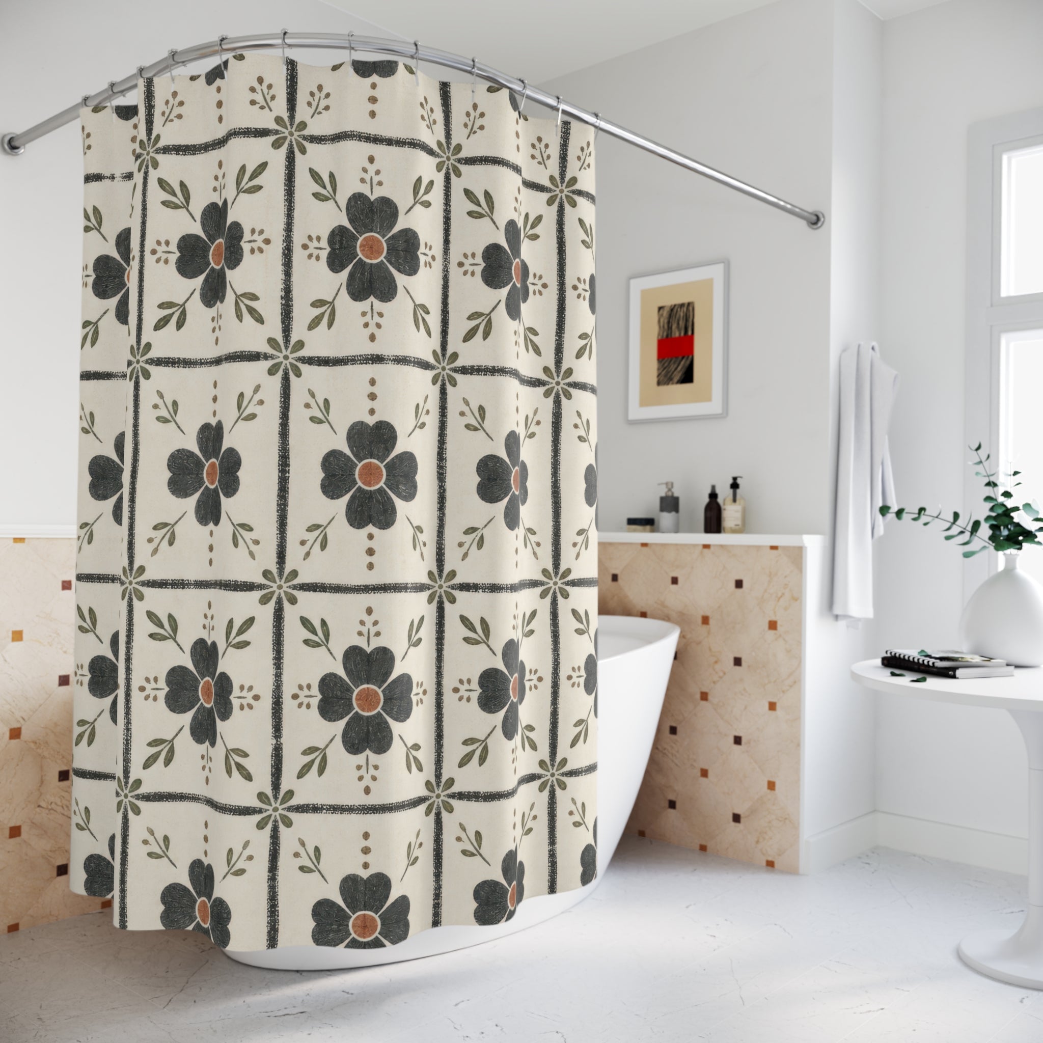 Floral Tile Grid Shower Curtain