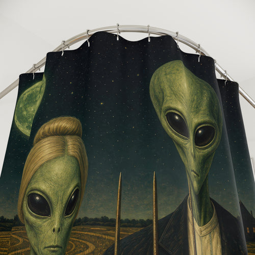Alien American Gothic Unique Funny shower curtain with close-up print, hooks, and folds
