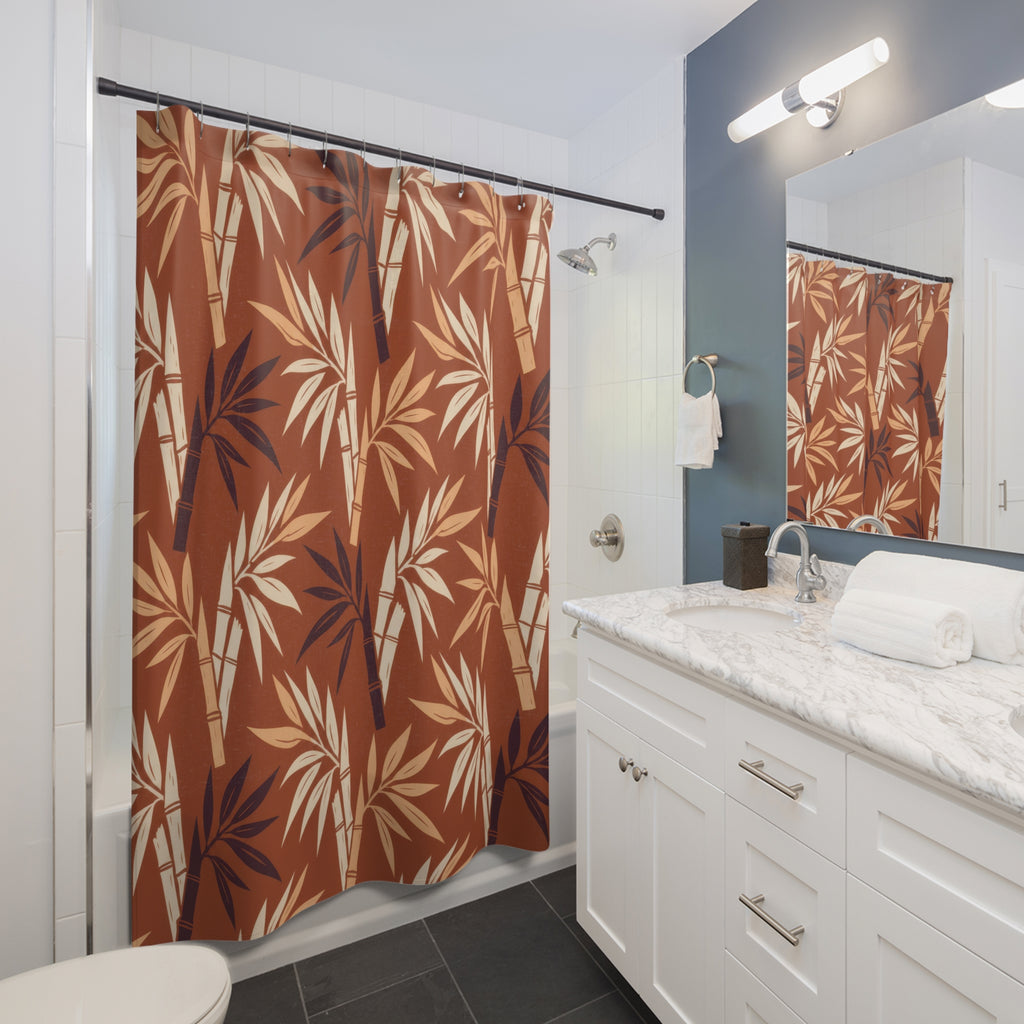 Cream and plum bamboo leaves on terracotta shower curtain beside a white vanity