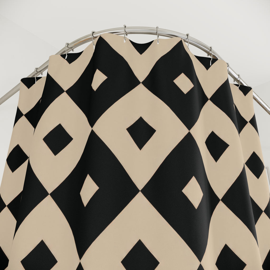 Beige and black inset diamond checks shower curtain with close-up print, hooks, and folds
