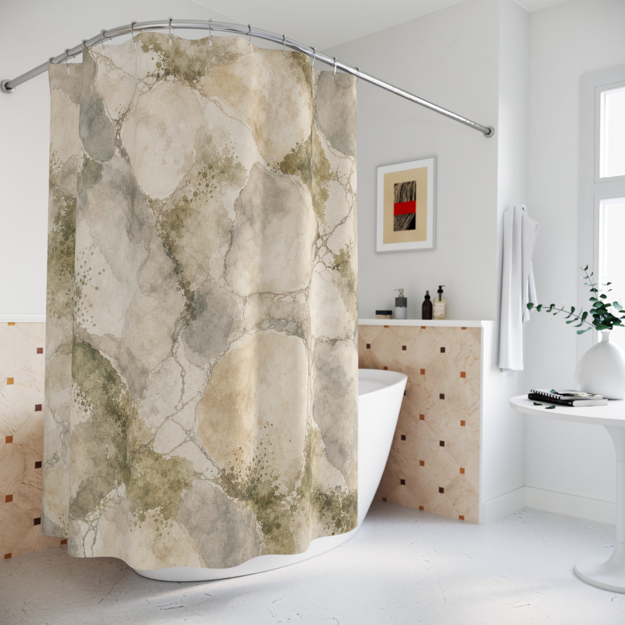 Green Beige Stone Texture Shower Curtain