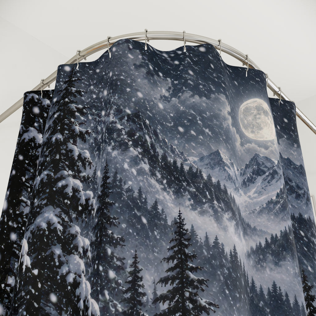 Moonlit snow-covered alpine forest shower curtain with close-up print, hooks, and folds