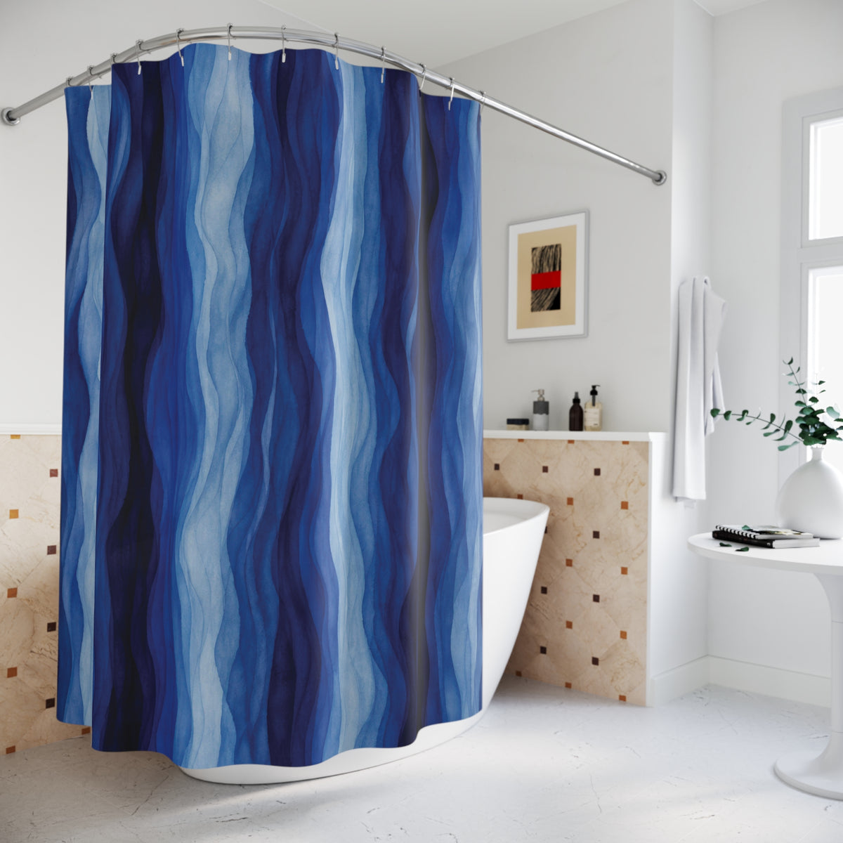 Navy Cobalt Ripple Stripe Wavy Blue Abstract Coastal Shower Curtain
