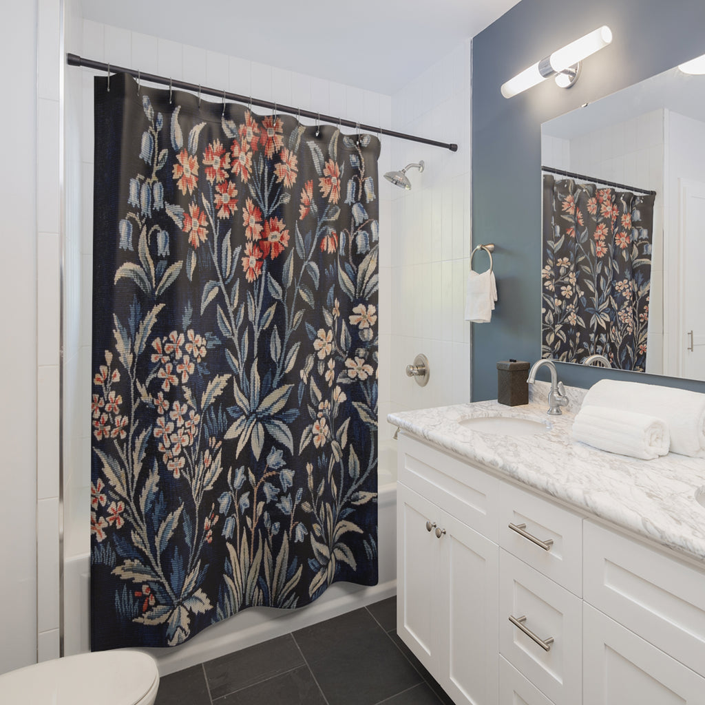 Dark Blue Floral Shower Curtain – Navy Woodland Garden