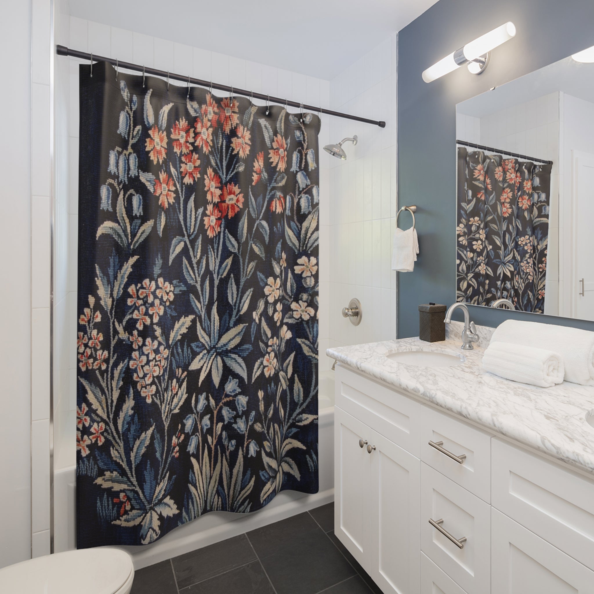 Dark Blue Floral Shower Curtain – Navy Woodland Garden