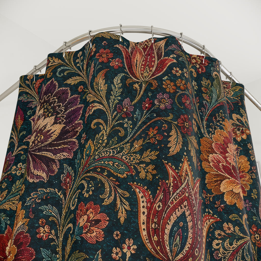 Teal Boho Flower Dark Floral Shower Curtain