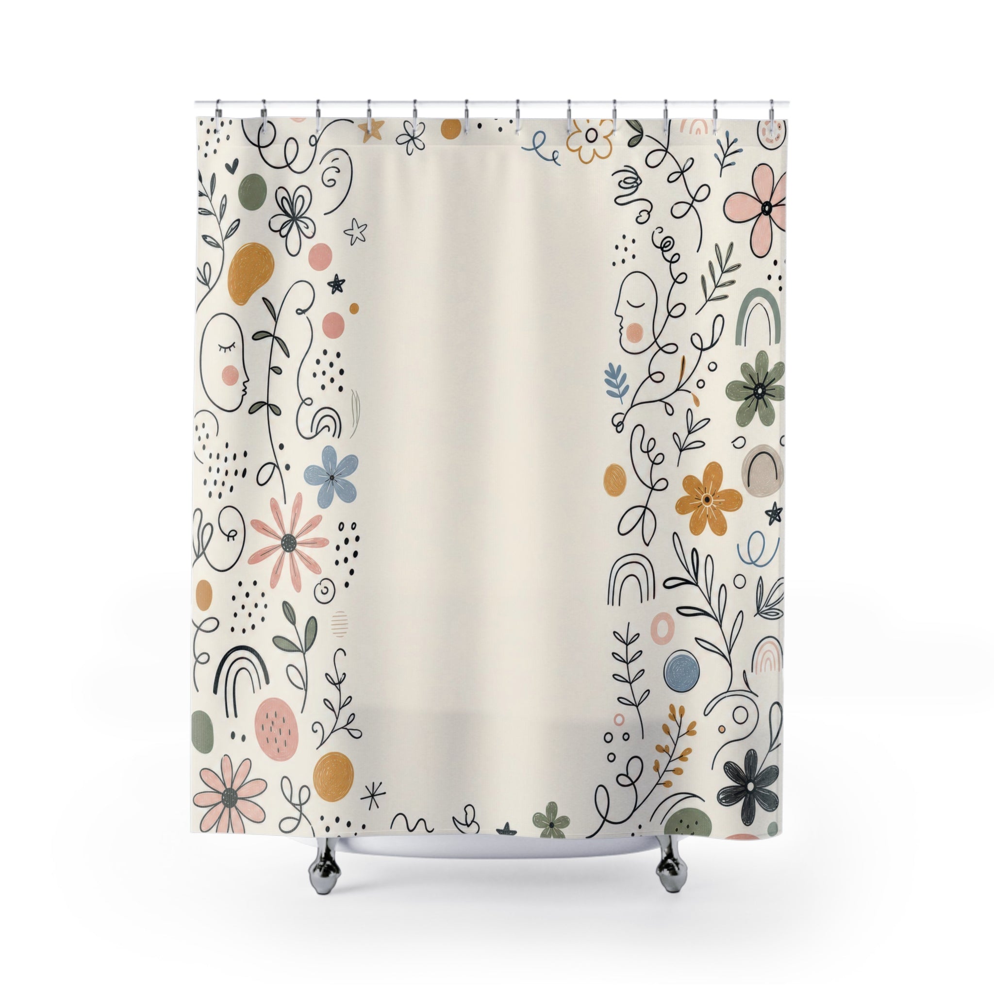 Doodle Border Shower Curtain, Hand Drawn Flower Bath Decor, Black Ivory Sage Blush Line Art Frame, Playful Guest Bathroom Style Decor