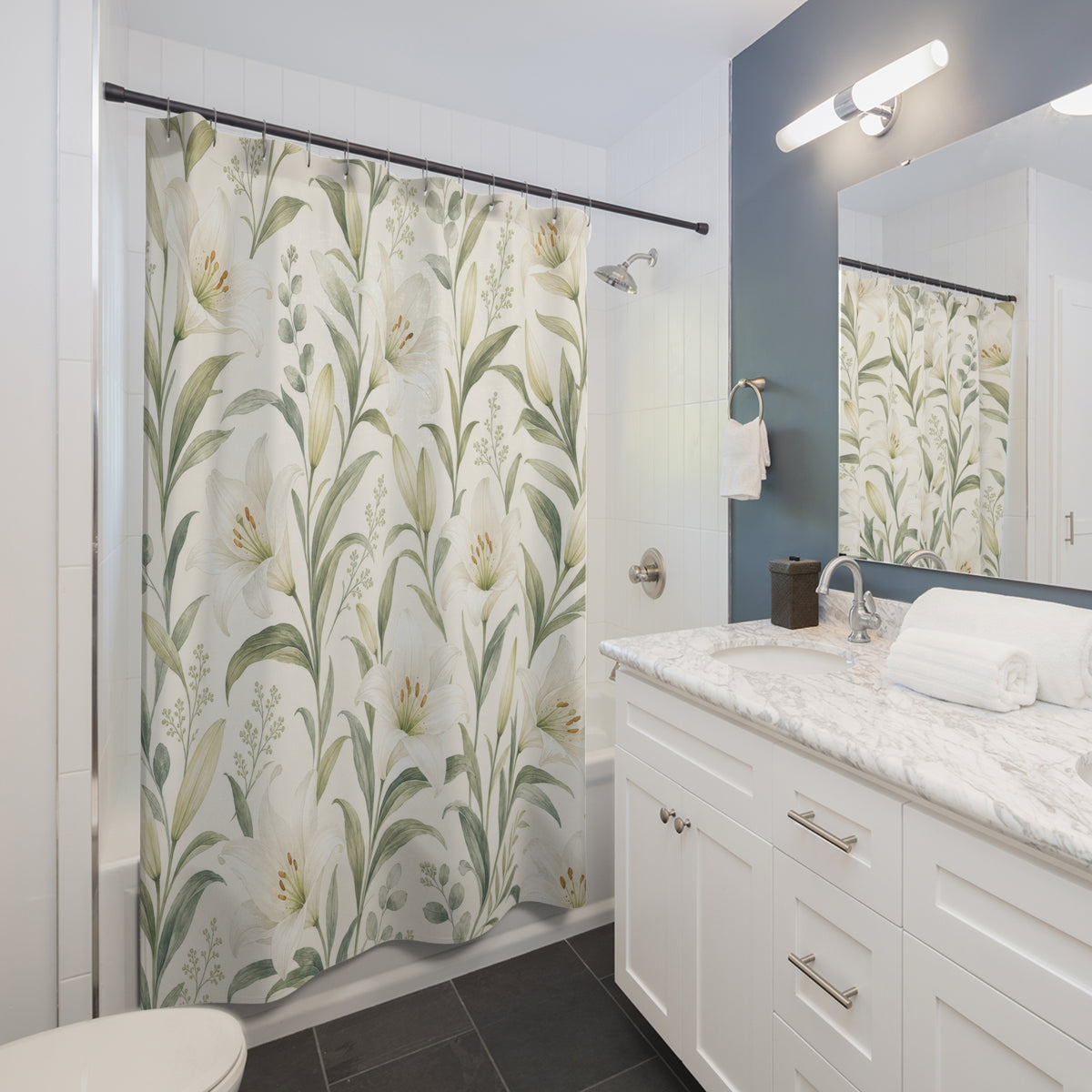 Floral Botanical white lily tall shower curtain beside a white vanity