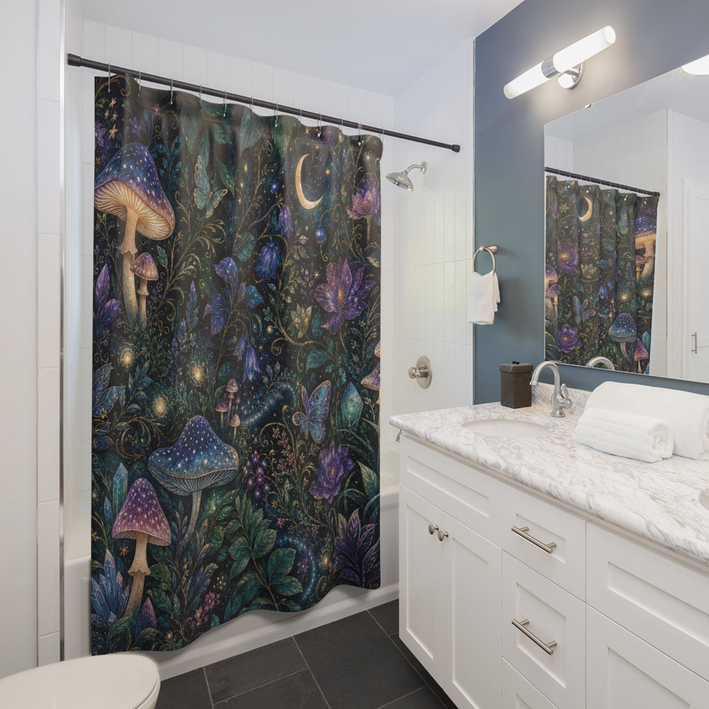 Fantasy Shower Curtain: Moon Mushroom Forest Pattern