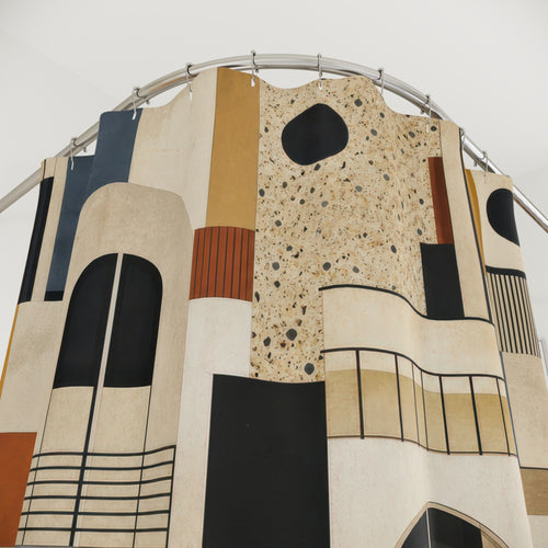 Abstract Geometric modernist architectural arch shower curtain with close-up print, hooks, and folds