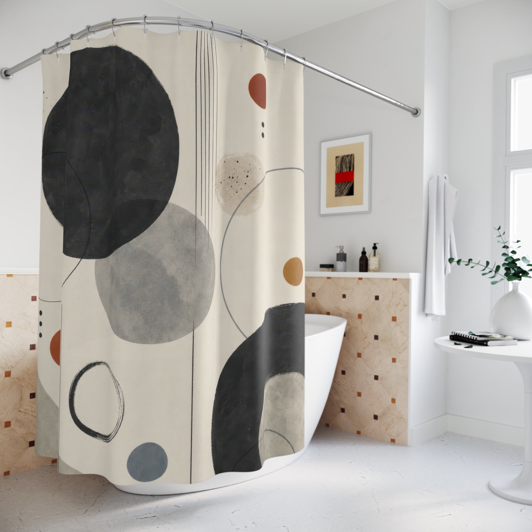 Abstract Shower Curtain, Black Circle Pattern, Modern Geometric Bathroom Decor, Cream Gray Orange Minimal Art Bath Style, Neutral Accent