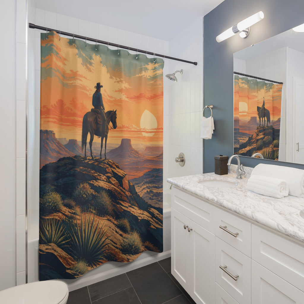 Cowboy riding a horse across a sunset desert ridge shower curtain beside a white vanity