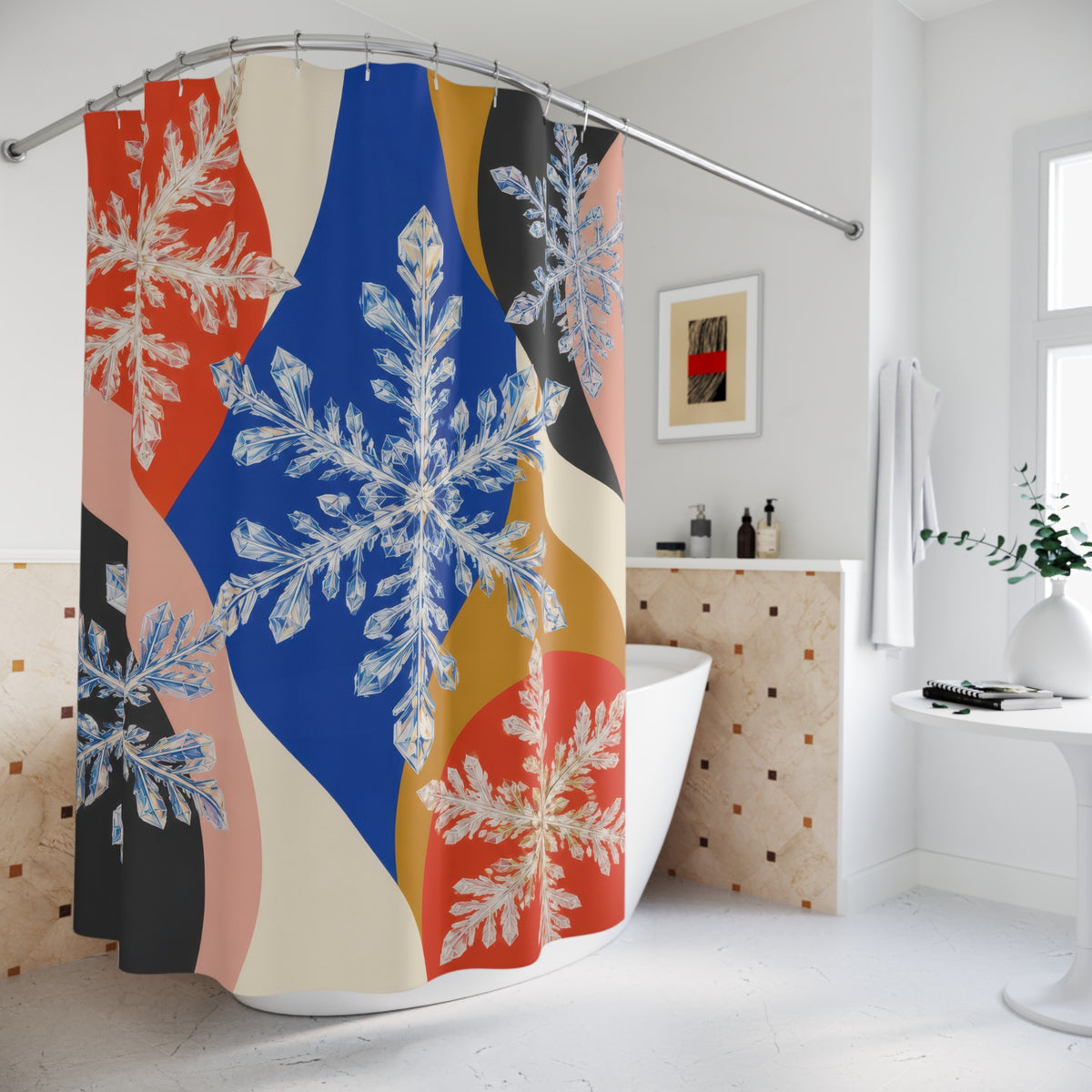 Color block snowflake crystals shower curtain beside a freestanding tub