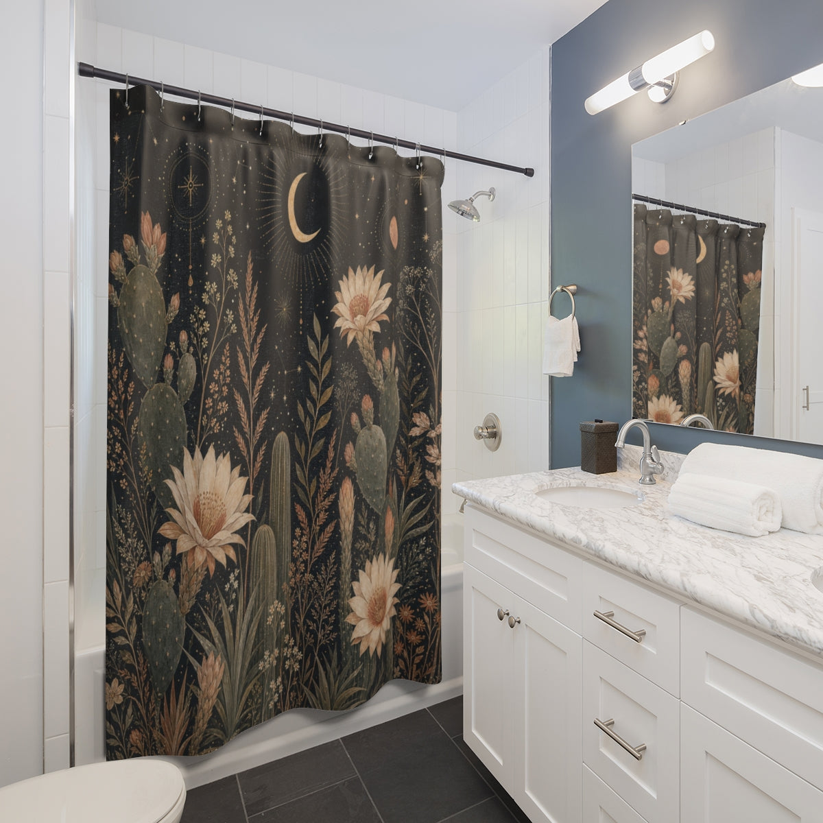 Black Celestial Cactus Shower Curtain