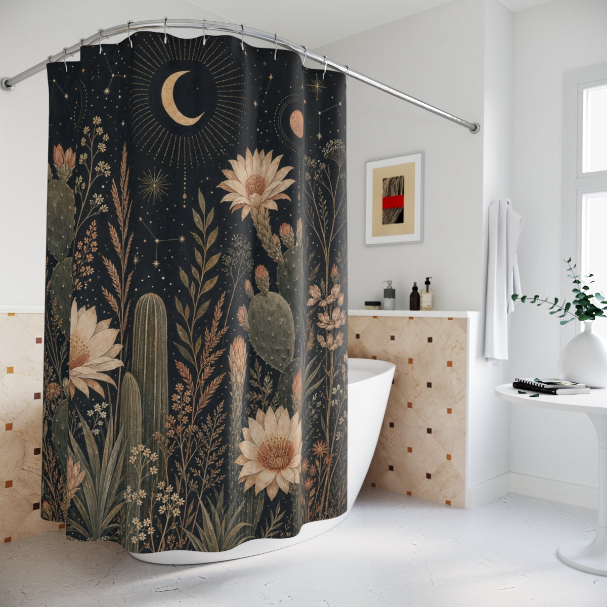 Black Celestial Cactus Shower Curtain