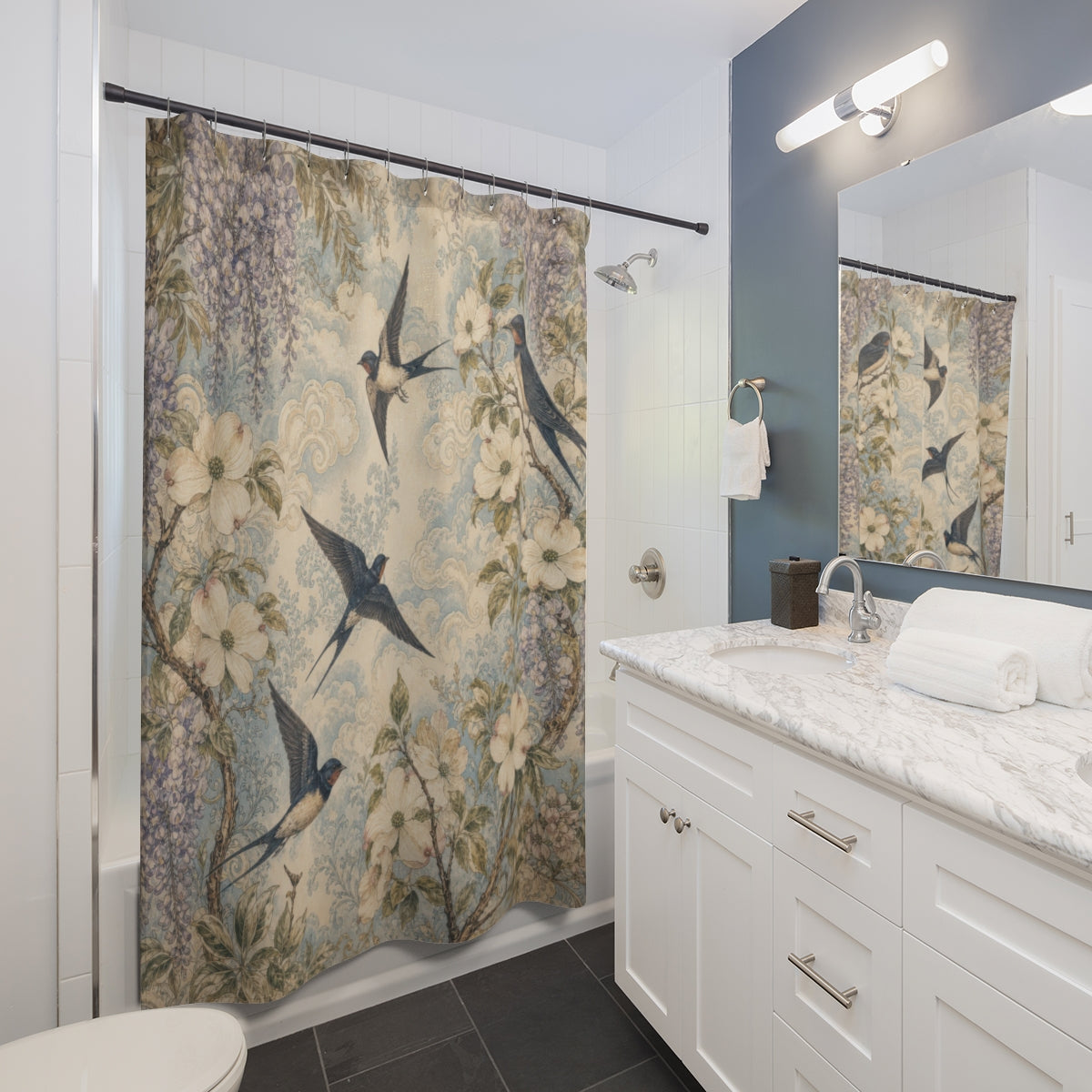 Blue Chinoiserie Crane Shower Curtain