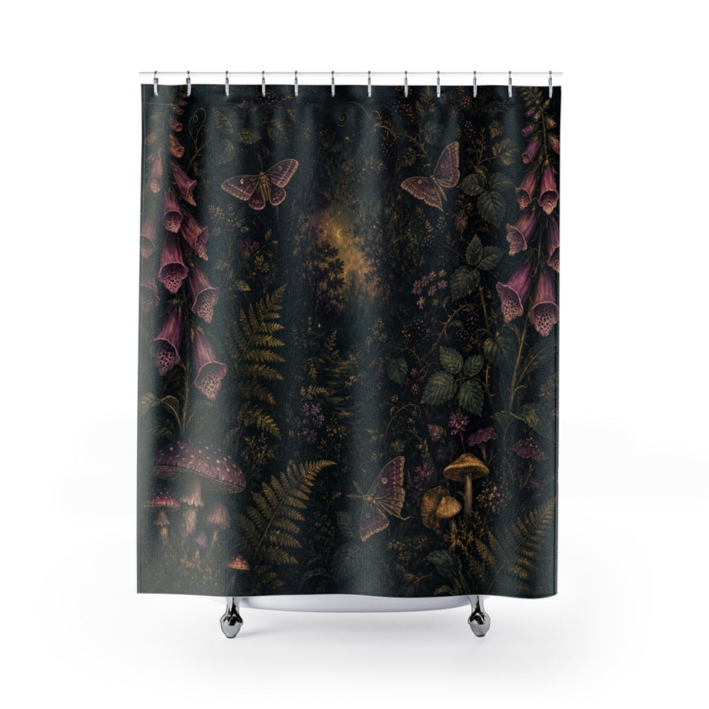 Midnight cottage garden shower curtain with moonlit ferns, foxglove, moths, and mushrooms