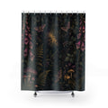 Midnight cottage garden shower curtain with moonlit ferns, foxglove, moths, and mushrooms
