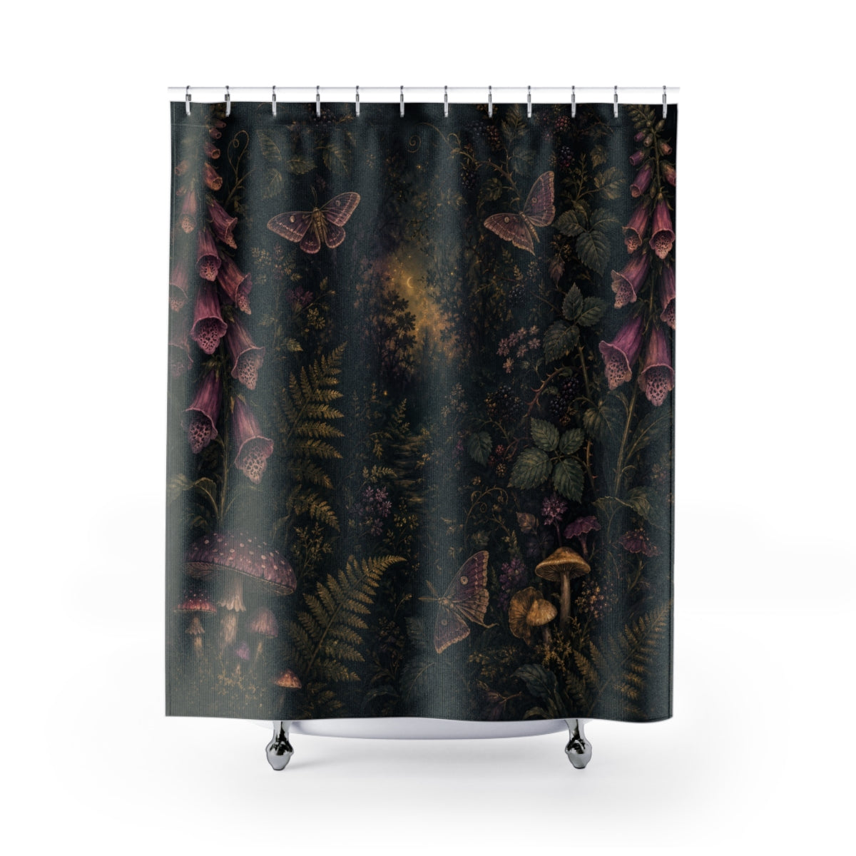 Midnight cottage garden shower curtain with moonlit ferns, foxglove, moths, and mushrooms